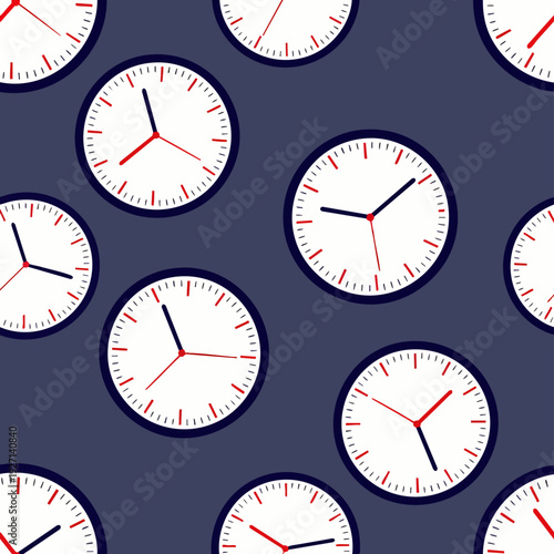 Seamless pattern of multiple analog clocks with red second hands on a dark blue background, symbolizing time management, deadlines, and business efficiency.