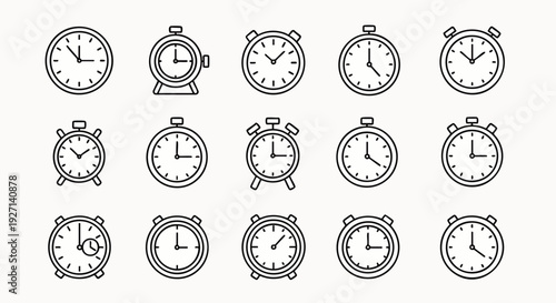 Collection of diverse outline clock and stopwatch icons, perfect for representing time management, deadlines, alarms, and scheduling in various digital designs.