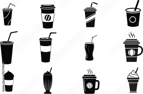 Variety of coffee and drink cups with straws