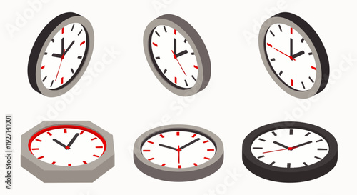 Isometric clocks set with various angles and shapes, illustrating time management, deadlines, business productivity, and scheduling concepts. Modern vector collection.