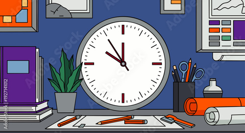 Flat design illustration of a productive office workspace with a large clock, books, and creative tools, perfect for concepts of time management, deadlines, and work efficiency.