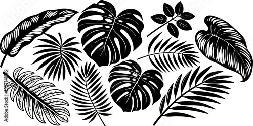 A watercolor illustration showcasing an assortment of tropical foliage. The composition features various types of leaves, including Monstera, banana leaves, ferns, palm fronds, and heart-shaped leaves