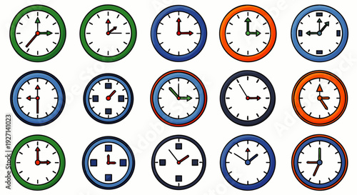 Set of vector analog clocks displaying various times, symbolizing time management, schedules, deadlines, punctuality, and the continuous flow of time.