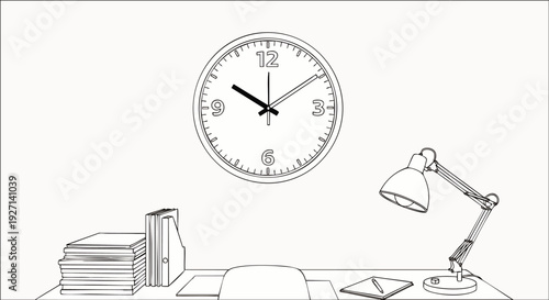 Minimalist line art illustration of a modern office desk setup with a prominent wall clock, books, and a lamp, symbolizing time, work, and deadlines.