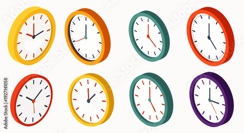 Collection of vibrant 3D rendered isometric clocks showing various times, perfect for illustrating concepts of time management, deadlines, scheduling, and punctuality.