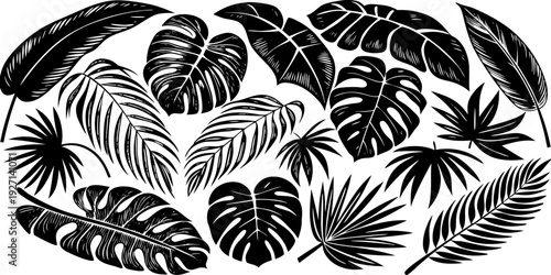 A watercolor illustration showcasing an assortment of tropical foliage. The composition features various types of leaves, including Monstera, banana leaves, ferns, palm fronds, and heart-shaped leaves