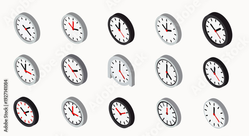 Isometric Clock Icons Set: A Comprehensive Collection of Time Measurement Symbols for Business, Technology, and Planning Concepts, Isolated Vector Illustration.