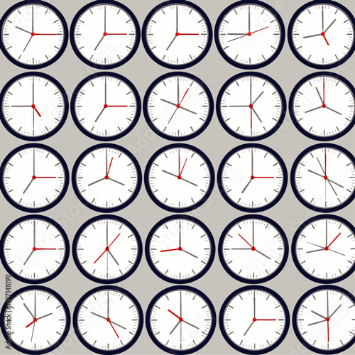 Grid of 25 analog clocks, each showing a different time, symbolizing the passage of time, busy schedules, deadlines, and time management concepts.