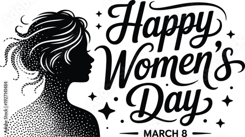 Womens Day graphic with woman silhouette and text Keywords: happy womens day, womens day