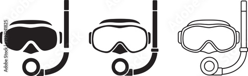 Scuba Diving Mask icon set. Underwater tools symbol, silhouette and outline style