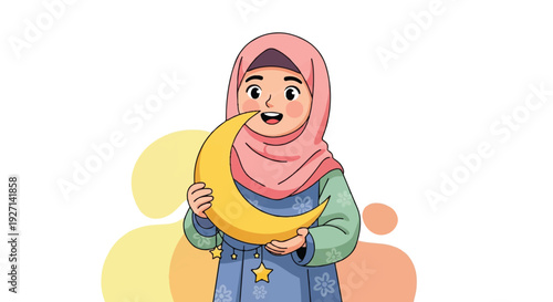 Cheerful Muslim girl in modest hijab, happily holding a golden crescent moon, symbolizing spiritual joy and cultural celebration