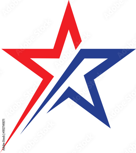 red and blue overlapping double star patriotic logo design with bold sharp points for american sports military or national brand identity isolated background.
