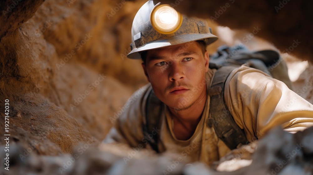 Fototapeta premium Determined miner navigating through narrow tunnels, his hard helmet reflecting the faint glow of headlamps. The dimly lit scene resonates with a sense of adventure as the miner pushes onward
