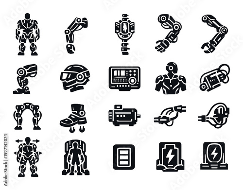 Robotic exoskeleton parts and control icons on dark panel