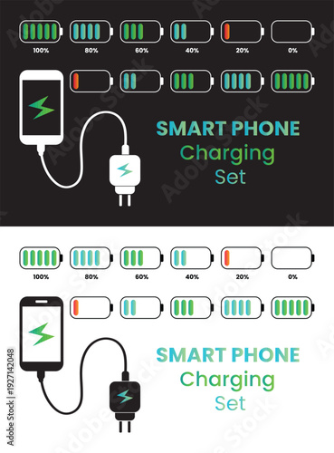 Smartphone Battery Charging Indicator Icon Set with Charger Cable