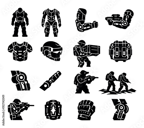 Tactical armor and soldier icons showing combat gear on dark background