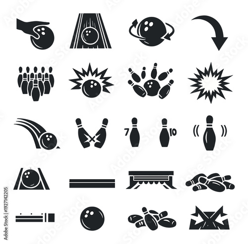 Bowling lane and pin action icons arranged on dark surface