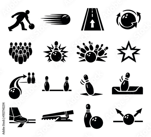 Bowling actions and pins icons arranged on dark background