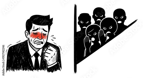 An illustration portrays a man's deep social anxiety and embarrassment, overwhelmed by the judgmental whispers and menacing stares from a shadowy crowd.