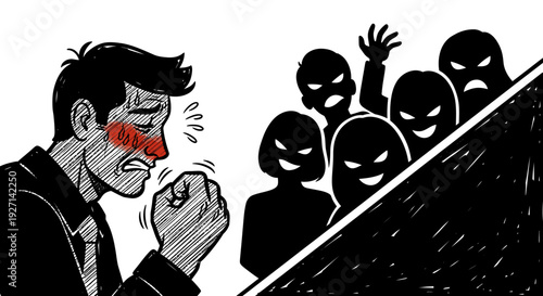 A sick man with a red nose coughs into his fist, feeling the intense, judgmental stares of a shadowy crowd, illustrating social anxiety and fear of contagion.