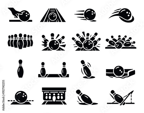 Bowling ball and pin action icons on neutral gray panel