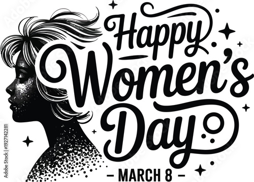 Happy Womens Day text with woman profile illustration Keywords: happy womens day, womens day