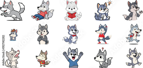 Collection of cartoon wolf characters in various poses and outfits