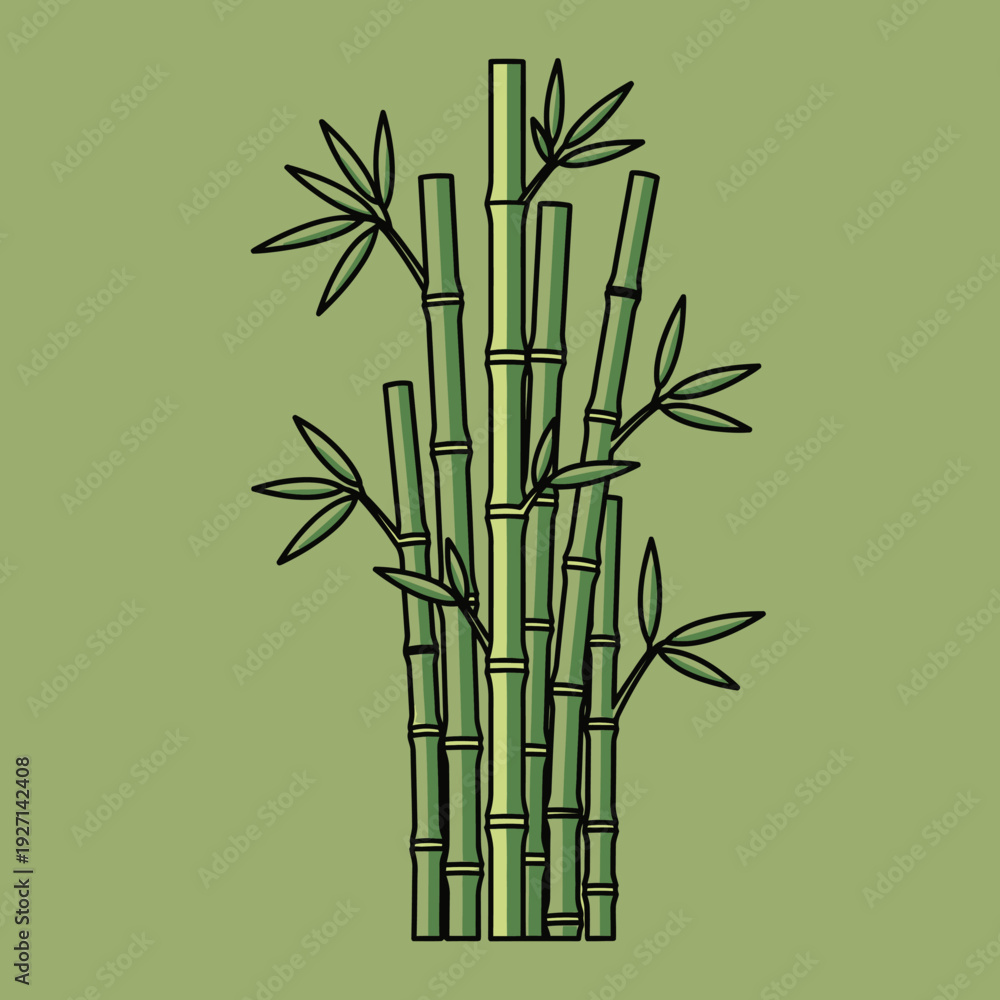 Fototapeta premium Illustrated bamboo stalks and leaves against a green background vector graphic