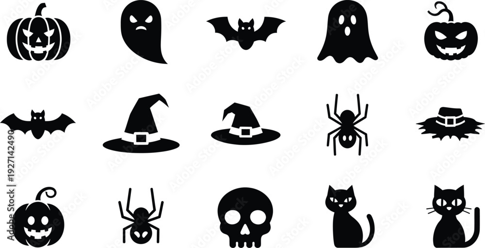 Obraz premium Collection of black halloween silhouette icons featuring pumpkins ghosts bats spiders and cats