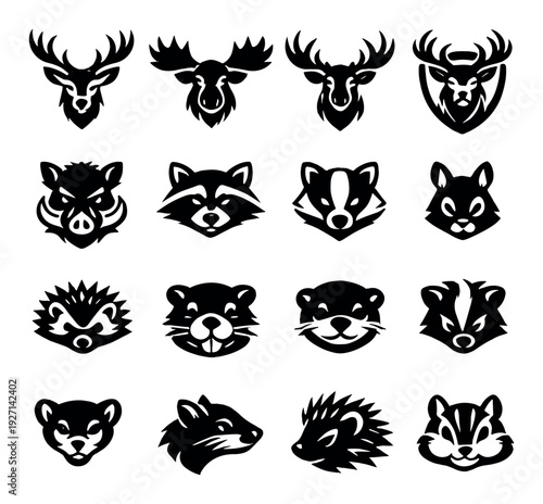 Deer and woodland animal head icons arranged on dark background
