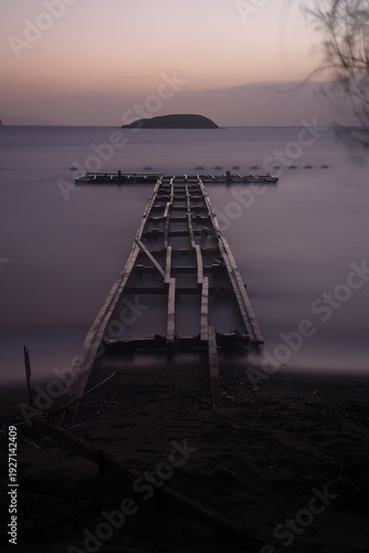 sunset on the beach. Seaside town of Turgutreis and spectacular sunsets. Selective Focus. Long Exposure shoot. tranquility scene.