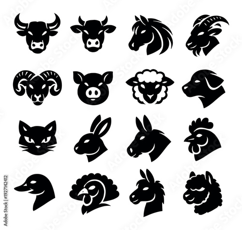 Farm animal head icons arranged in grid on dark background