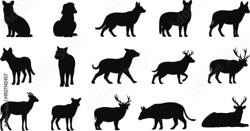 Collection of black silhouettes of various deer and antelope species
