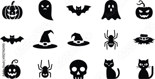 Collection of black halloween silhouette icons featuring pumpkins ghosts bats spiders and cats