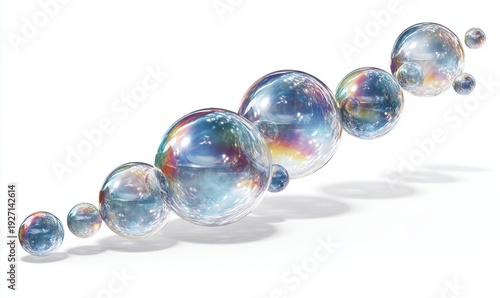 A row of colorful spheres are lined up on a white background