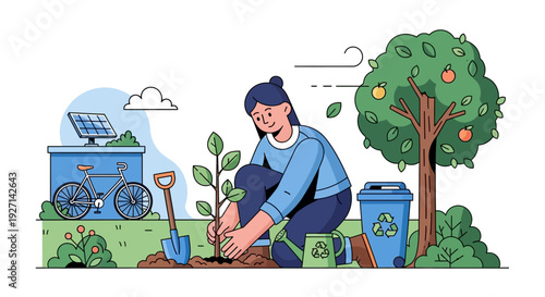 A determined woman planting a tree sapling, embodying environmental sustainability, eco-friendly practices, and a commitment to a greener, healthier planet