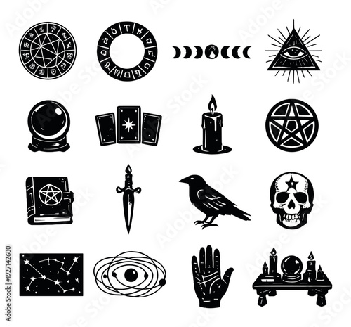 Collection of mystical and occult symbols on grayscale grid