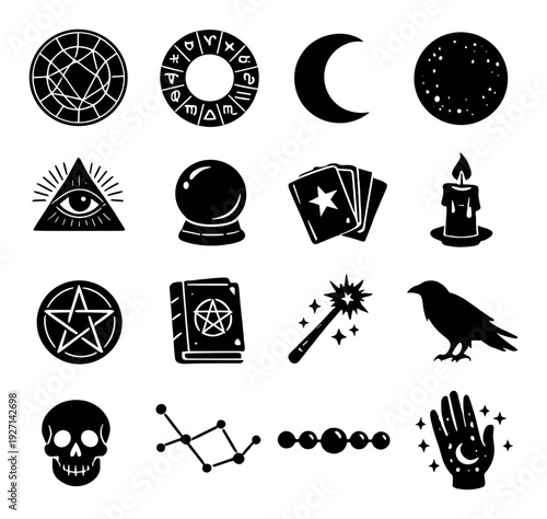 Occult and divination icons arranged on dark background