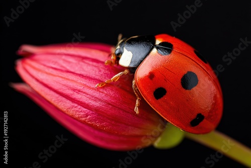 High resolution macro photograph of a red ladybug perched on a pink flower bud against a dark background, showcasing intricate details of the insect and floral structure