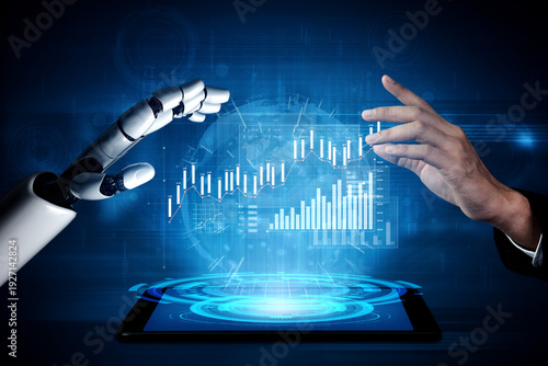 Conceptual image showing a robotic hand reaching towards a human hand above a digital tablet displaying data visualizations. It illustrates the collaboration between technology and humanity. Scalp