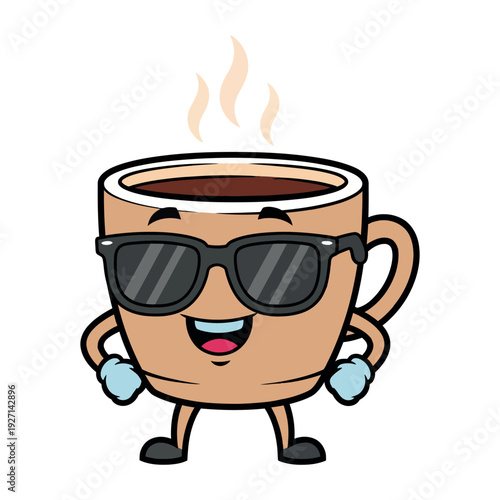 Fun cartoon coffee cup wearing sunglasses and flexing
