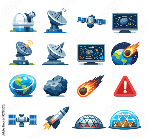 Space icons depicting satellites and asteroids on blue background