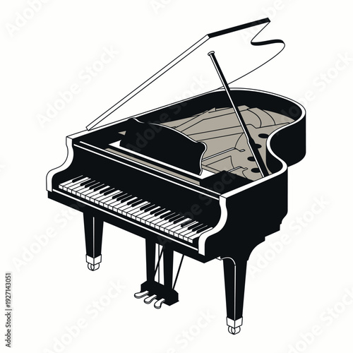 Elegant black grand piano illustration isolated on white background