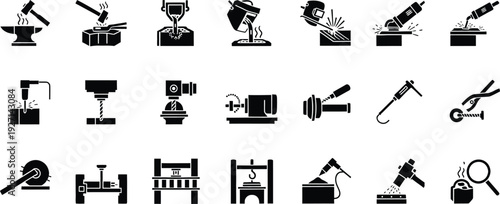 A collection of black and white industrial icons representing metalworking and manufacturing processes.