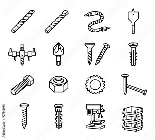 Collection of drill bits screws and hardware icons on gray