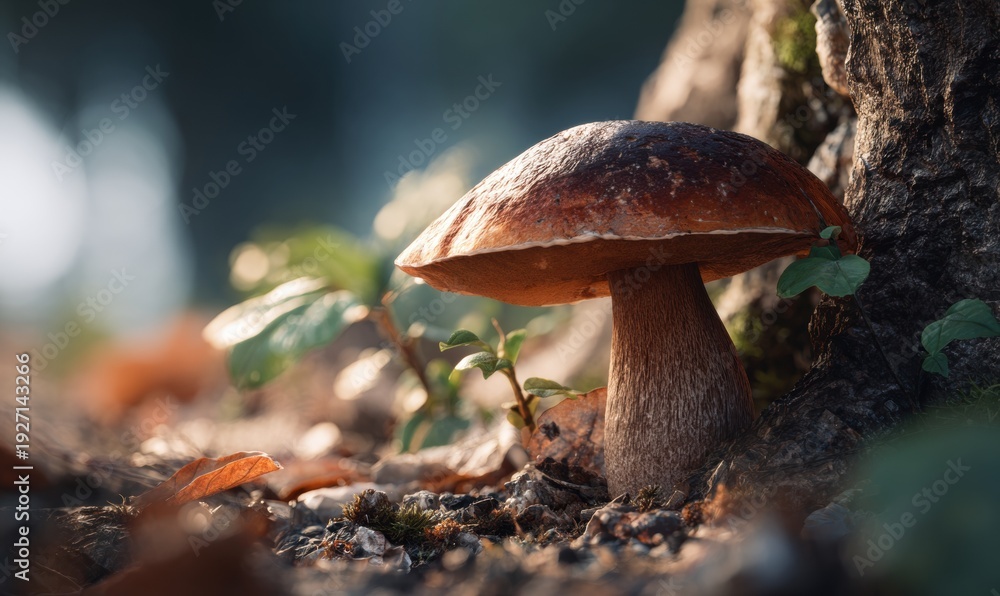 Fototapeta premium A mushroom is sitting on the ground next to a tree