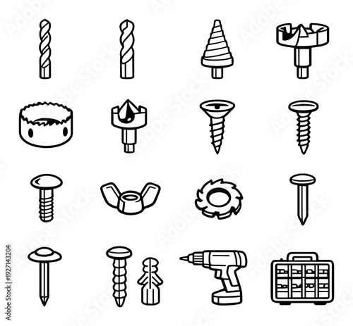 Drill bits screws and fasteners arranged on gray background