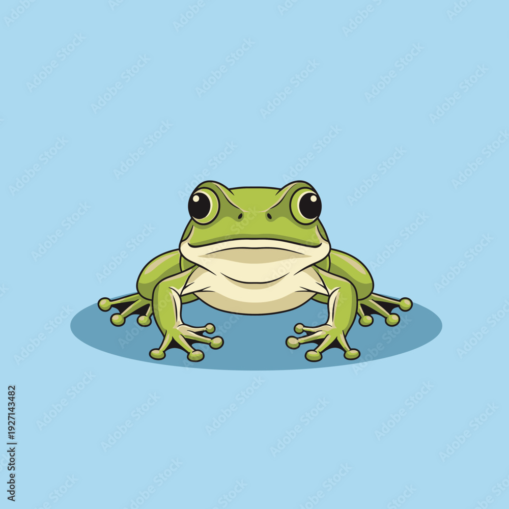 Obraz premium Cartoon frog illustration with green skin and large eyes against a light blue backdrop