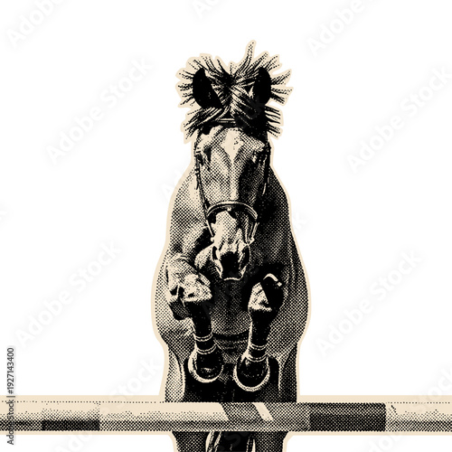 equestrian sport competition horse jumping over hurdle vintage halftone style illustration