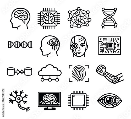 Ai and biometric icons arranged in grid on gray background